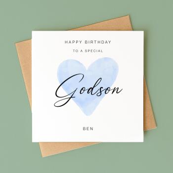 Godsons birthday card personalised blue heart design custom name handmade minimalist greeting