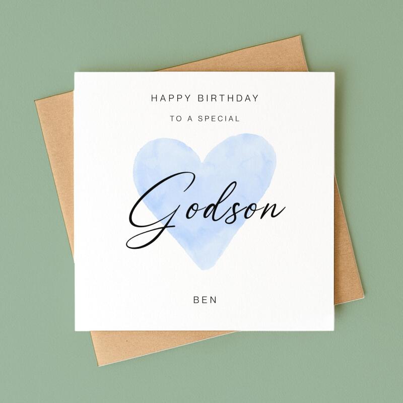 Godsons birthday card personalised blue heart design custom name handmade minimalist greeting - Smooth No Message - Kraft Brown