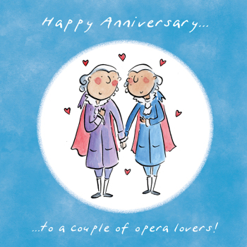 Opera lovers, a 150mm square opera themed LGBTQ anniversary card featuring Rosie Brooks artwork, blank inside for your message