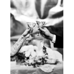 Holy Mackerel wedding toast retro black and white photographic card featuring a vintage image of raised champagne glasses - 12.6 x 17.7cm and blank inside