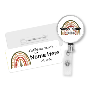 Name Badge & Metal ID Reel - Boho Christmas Tree Rainbow Hello My Name is...