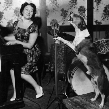 Holy Mackerel you hum it I'll play it retro black and white photographic card featuring a vintage image of a dog and woman singing - 15cm square and blank inside