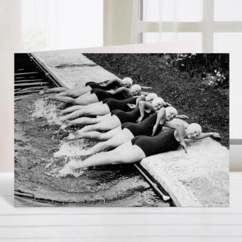 Dipping a toe, black and white vintage photographic card featuring swimmers by the pool - 12.6 x 17.7cm and blank inside - made in the UK