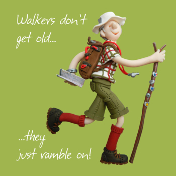 Holy Mackerel walkers don't get old rambling themed male birthday card for him - designed by artist Erica Sturla - 15cm square and blank inside for your message - made in the UK