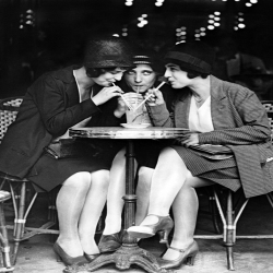 Holy Mackerel sharing lemonade retro black and white photographic card featuring a vintage image of fashionable girls having a drink - 12.6 x 17.7cm and blank inside