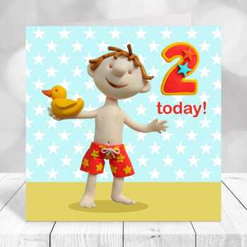 Birthday boy age 2 with duckie - child's age birthday - designed by Erica Sturla - 15cm square and blank inside, made in the UK