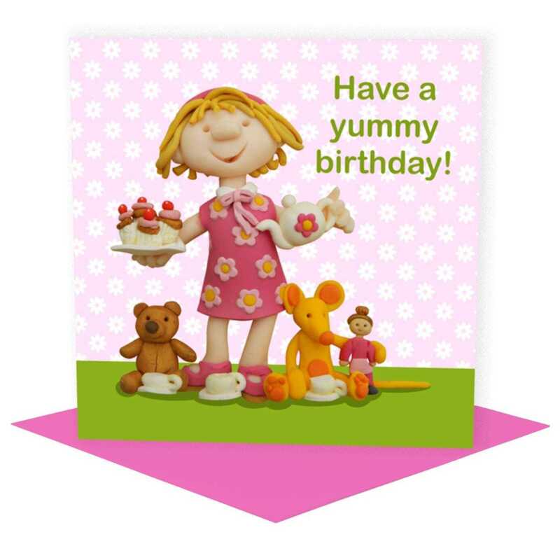 Yummy birthday - girl's birthday tea party card designed by Erica Sturla - 15cm square and blank inside, made in the UK