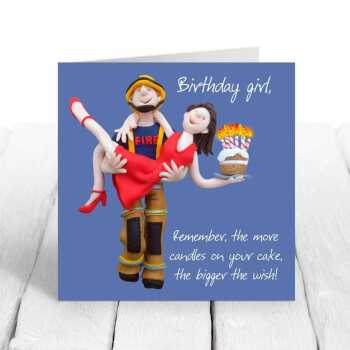 Fireman birthday card for her - designed by Erica Sturla - 15cm square and blank inside, made in the UK