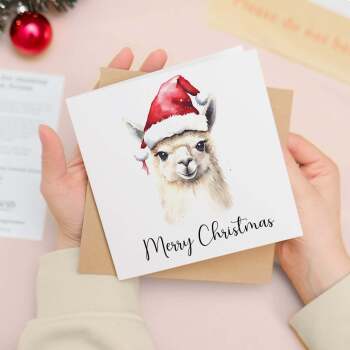 Fun Christmas Card of a Llama Wearing A Santa Hat Whimsical Watercolour Christmas Card For Animal Lover For Him or Her