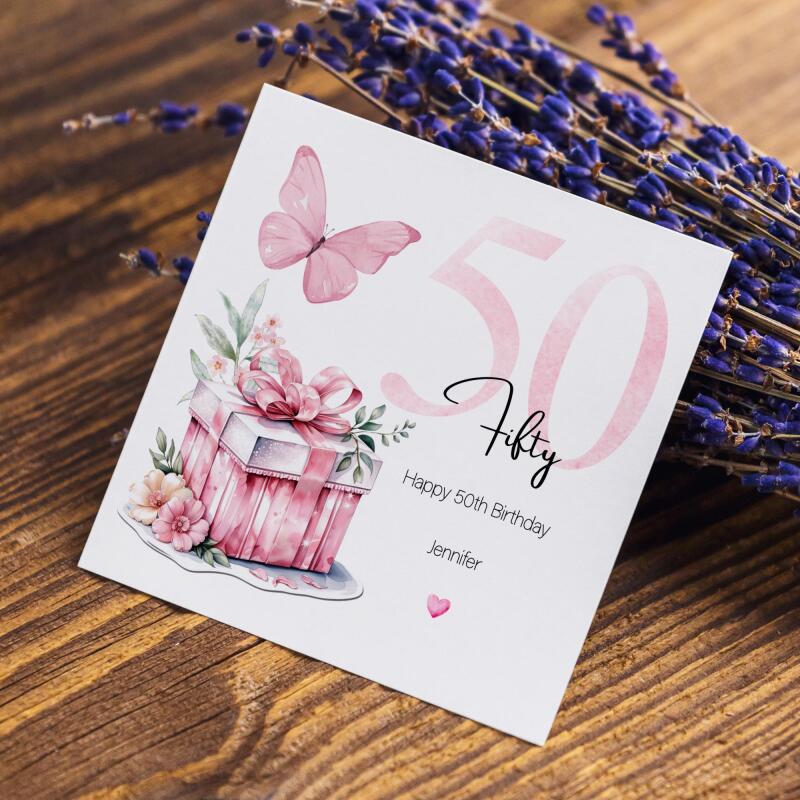 Personalised 50th Birthday Card for Her Pink Butterfly, Gift Box & Flowers Milestone Greeting Womens - Smooth No Message - Kraft Brown
