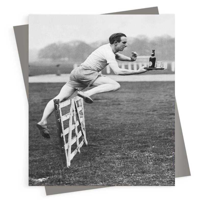 Dont spill it - Black and white photographic hurdles themed card - 12.6 x 17.7cm and blank inside, made in the UK