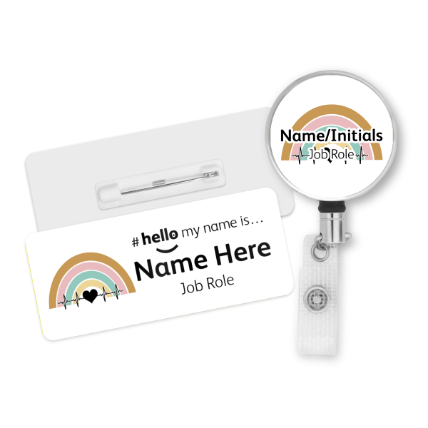 #hello my name is... Name Badge & Metal ID Reel - Retro Heartbeat Rainbow