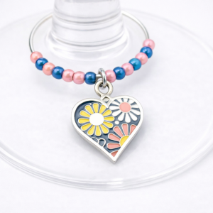 Handmade Wine Glass Charm - Enamel Floral Blue Heart