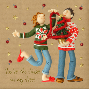 Holy Mackerel Tinsel on my tree, a festive foiled Christmas card designed by Erica Sturla, for husband, wife, partner, girlfriend, boyfriend etc. 15cm square & blank inside for your message.