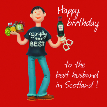 Best Husband in Scotland Birthday Greetings Card, Designed by Erica Sturla for Holy Mackerel. Card is 150mm Square and Blank Inside.