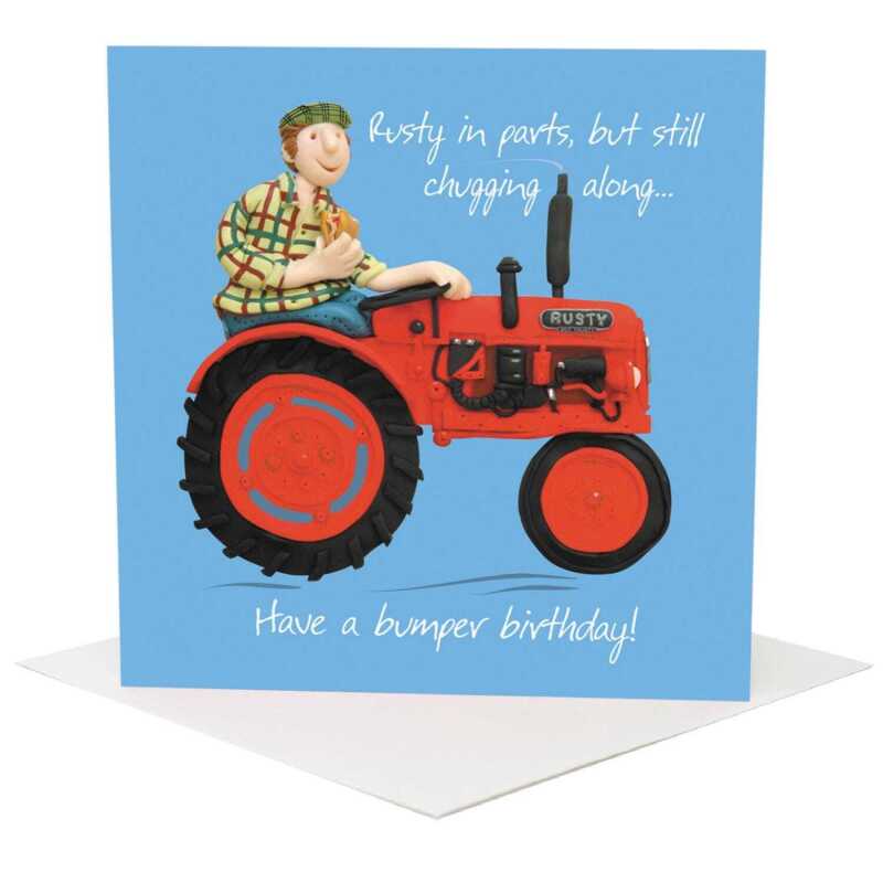 Chugging along male farmer birthday card for him - designed by Erica Sturla for Holy Mackerel - 15cm square and blank inside, made in the UK