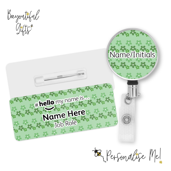 #hello my name is... Name Badge & Metal ID Reel - Green Daisy Flowers