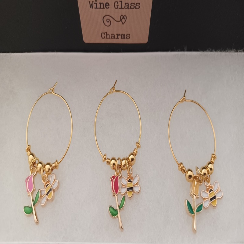 Set of 5 Wine Glass Charms with Roses and Bees