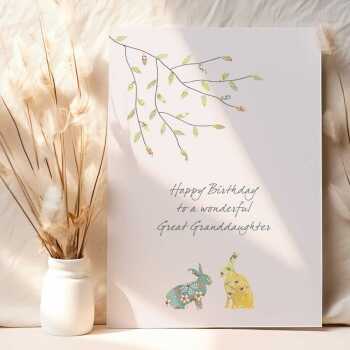 Hares great granddaughter birthday card -  designed by Eloise Hall for Holy Mackerel - 15.7 x 11cm and blank inside, made in the UK