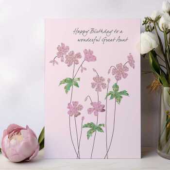 Geraniums great aunt birthday card -  designed by Eloise Hall for Holy Mackerel - 15.7 x 11cm and blank inside, made in the UK