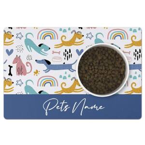 Personalised Pet Bowl Spill Mat - Colourful Dogs and Boho Rainbows