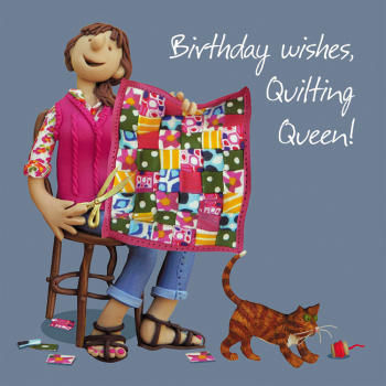 Holy Mackerel quilting queen female birthday card for a needleworker - designed by artist Erica Sturla - 15cm square and blank inside for your message - made in the UK
