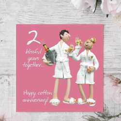2nd wedding anniversary card (cotton robes) - designed by Erica Sturla - 15cm square and blank inside, made in the UK