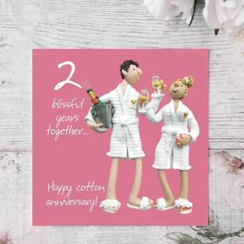 2nd wedding anniversary card (cotton robes) - designed by Erica Sturla - 15cm square and blank inside, made in the UK