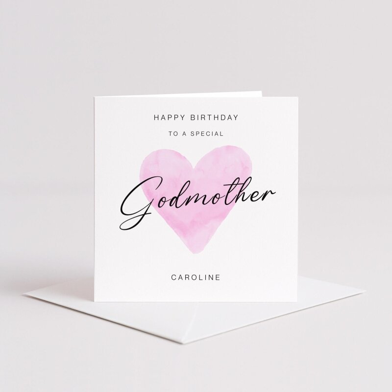 Godmother Birthday Card &ndash; Personalised Name &ndash; Pink Watercolour Heart &ndash; Handmade Greeting Card UK - Smooth No Message - Kraft Brown