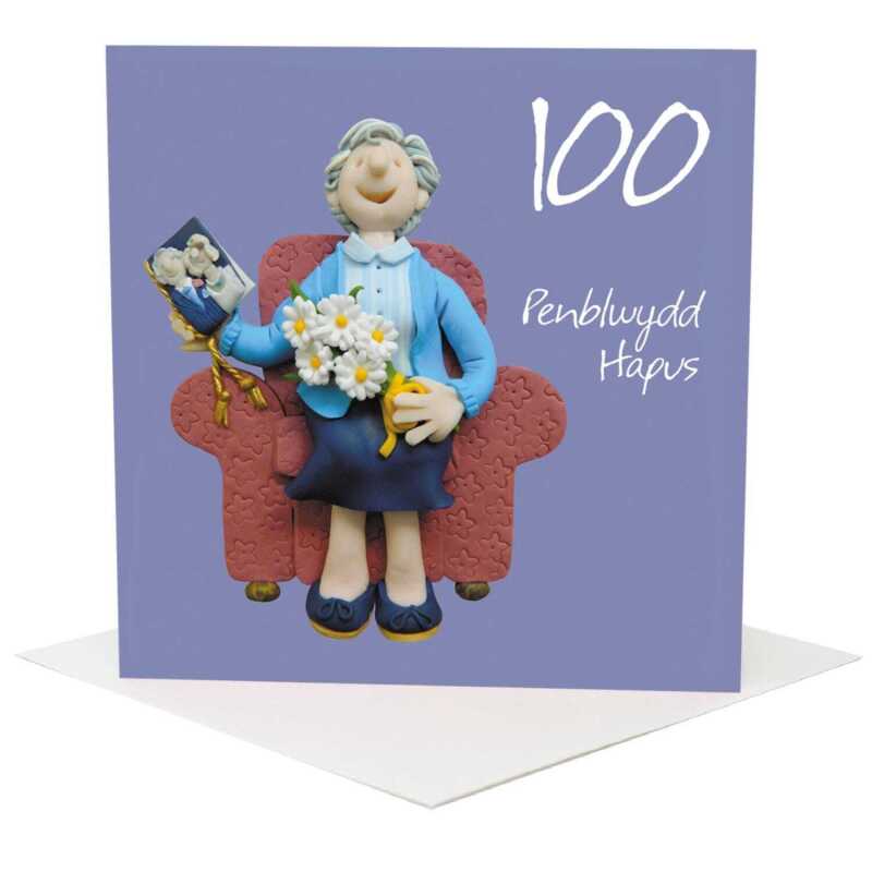 Penblwydd hapus, female Welsh 100th birthday card for her - designed by Erica Sturla - 15cm square and blank inside, made in the UK