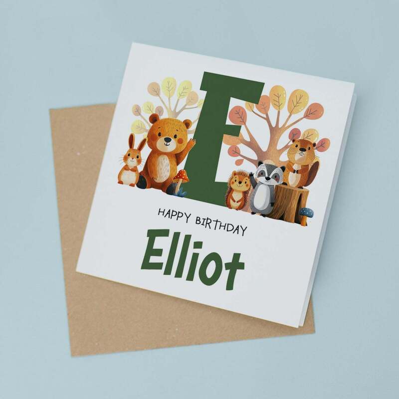 Children's Birthday Card, Personalised for Son, Daughter, Grandson, Granddaughter, Woodland Animals, Recycled Card - Square (5.5x5.5) / Blank Inside