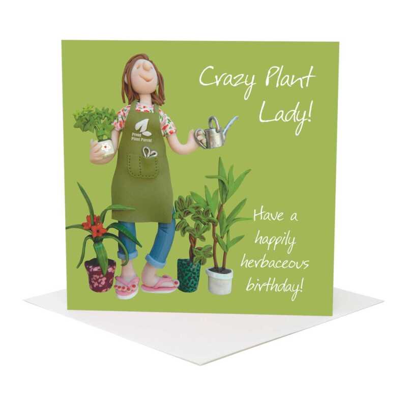 Crazy plant lady birthday card for her - designed by Erica Sturla - 15cm square and blank inside, made in the UK