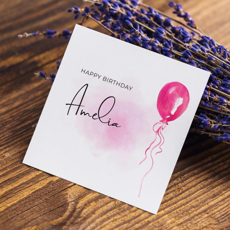 Pink balloon card personalised birthday design custom name script soft greeting - Smooth No Message - Kraft Brown