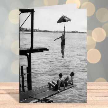 Parachute - vintage black and white themed card featuring a woman high diving - 12.6 x 17.7cm and blank inside - made in the UK