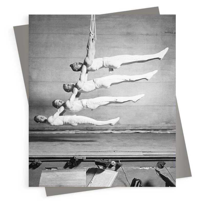 Four suspended gymnasts - vintage black and white themed card - 12.6 x 17.7cm and blank inside - made in the UK