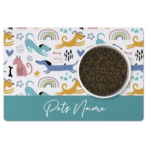 Personalised Pet Bowl Spill Mat - Colourful Dogs and Boho Rainbows - Teal