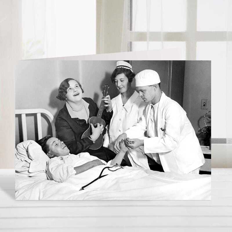 Bedside entertainment card, vintage photographic black and white get well soon card  - 12.6 x 17.7cm and blank inside - made in the UK