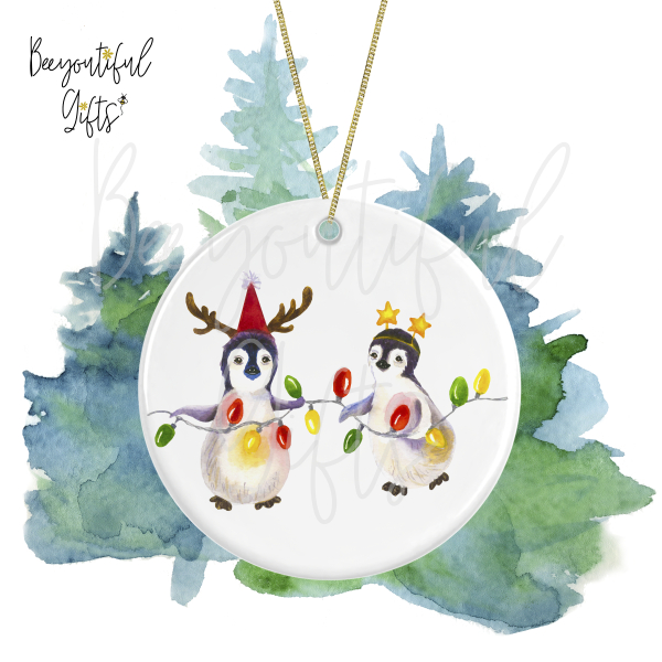 Ceramic Christmas Tree Decoration - Hand Painted Watercolour Festive Penguins