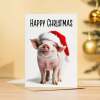 Fun Christmas Card of a Pig Wearing A Santa Hat Whimsical Christmas Card For Animal Lover For Him or Her - Portrait (5x7) / Blank Inside