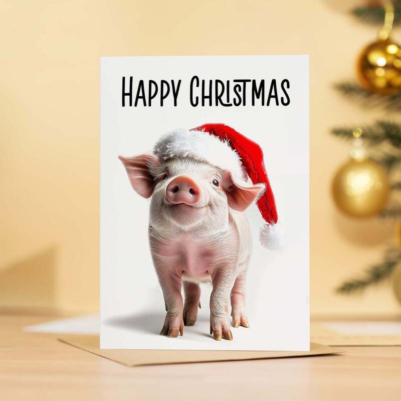 Fun Christmas Card of a Pig Wearing A Santa Hat Whimsical Christmas Card For Animal Lover For Him or Her - Portrait (5x7) / Blank Inside