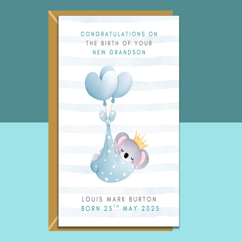 Your New Grandson - Congratulations Baby Card - Personalised - Perfect for new grandma, granddad, grandparents. - Blank inside - Regular - Matte