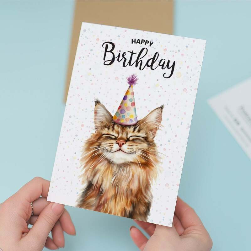 Birthday Card For Him or Her Of A Maine Coon Illustration For Him or Her Birthday Gift - Portrait (5x7) / Blank Inside