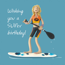 Holy Mackerel Paddleboarding birthday card, female, an Erica Sturla 15cm square greetings card for mum, daughter, grandaughter, niece, sister, friend, blank inside for your message