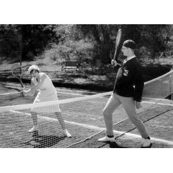 Holy Mackerel tennis players retro black and white photographic card featuring a vintage image of a funny match on court - 12.6 x 17.7cm and blank inside