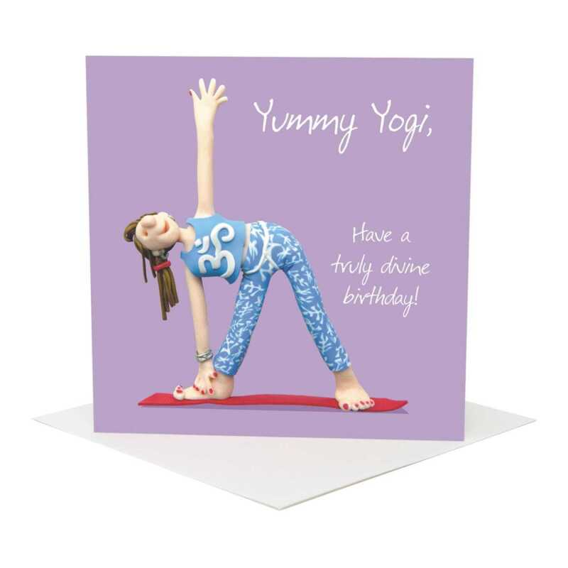 Yummy yogi female yoga birthday card for her - designed by Erica Sturla - 15cm square and blank inside, made in the UK