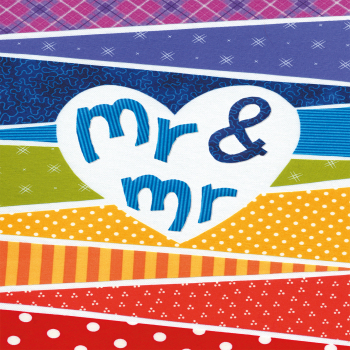Holy Mackerel Rainbow Mr and Mr, an LGBTQ+ themed card for a same sex gay wedding, featuring an image of Sarah Hopkins' textile art - 12 x 17cm - blank inside for your message