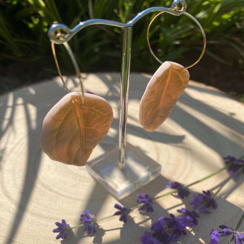 Pink and Gold Leaf Dangle Earrings: Boho Clay Jewelry - silver