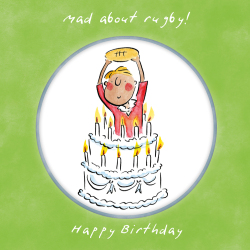 Holy Mackerel Mad about rugby, a 15cm square sport themed birthday card featuring Rosie Brooks artwork, blank inside for your message. For Dad, Uncle, grandad, son, nephew, husband, friend etc.