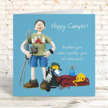 Happy camper male camping birthday card for him - designed by Erica Sturla - 15cm square and blank inside, made in the UK