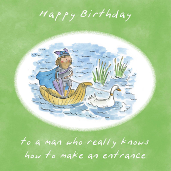 A Man who Knows How to Make an Entrance Music Themed Birthday Greetings Card by Artist Rosie Brooks. Card is 150mm Square.